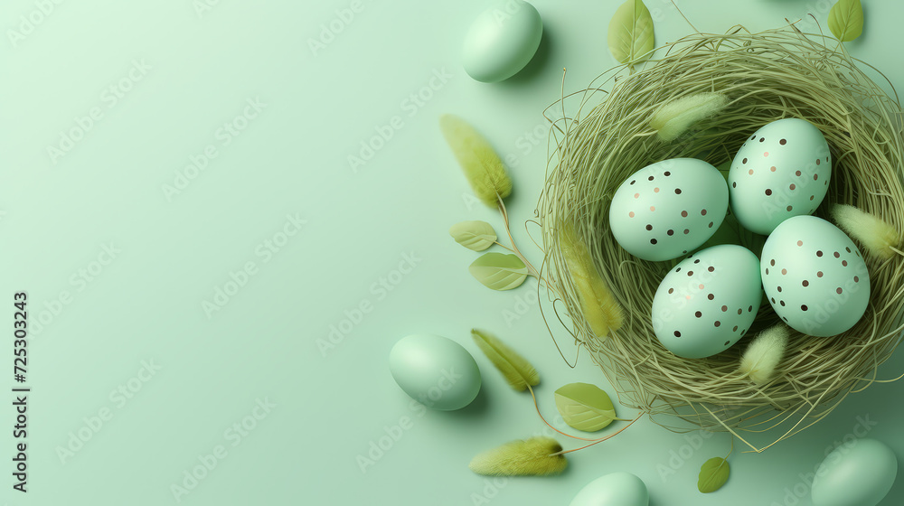 Flat lay easter eggs in nest for Banner, Poster. Happy Easter Day Flat lay easter eggs in nest for Banner, Poster. Happy Easter Day