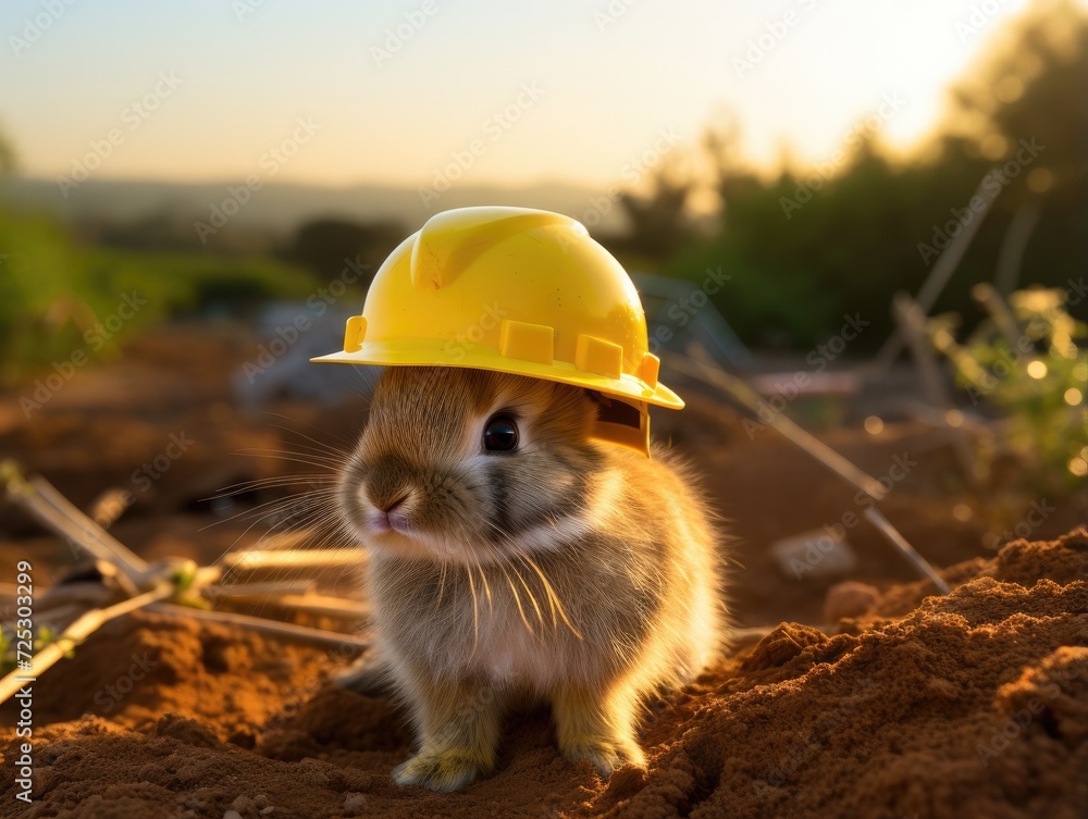 A hamster wearing a hard hat on top of a pile of dirt. Generative AI. A hamster wearing a hard hat on top of a pile of dirt. Generative AI.