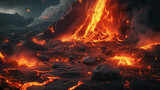 Molten lava flows down a rugged volcano.