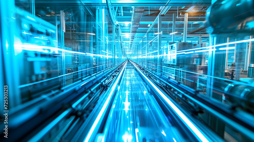 Long exposure photography of a futuristic semiconductor production line. The image captures the dynamic motion of advanced machinery with a strong emphasis on vivid blue lighting