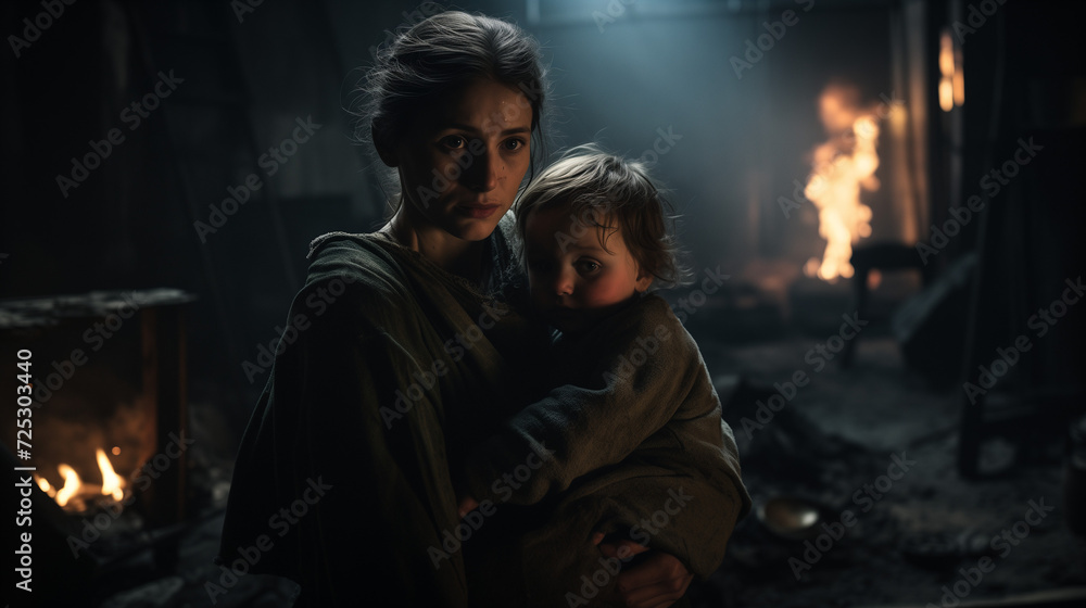 Loving mother holding her child in the bomb shelter during a missile attack. Family in an underground bomb shelter. Concept of wartime. Concept of wartime. No war. Underground life. Generative AI. 