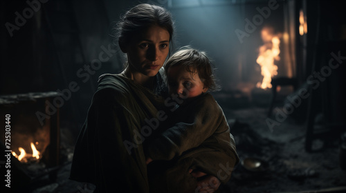 Loving mother holding her child in the bomb shelter during a missile attack. Family in an underground bomb shelter. Concept of wartime. Concept of wartime. No war. Underground life. Generative AI. 