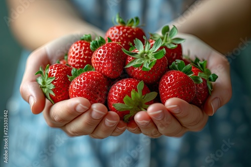 Woman holding fresh organic strawberries ripe and juicy in summer sunlight. Healthy eating concept with close up in hands farm. Nutritious and delicious fruit perfect for vegan and vegetarian