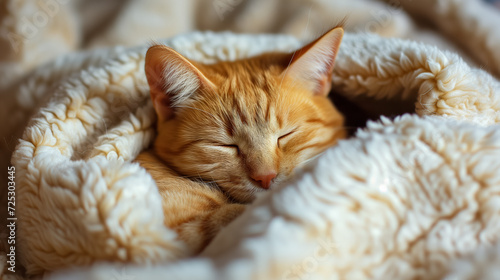 Sleepy ginger cat snuggled in a fluffy blanket.