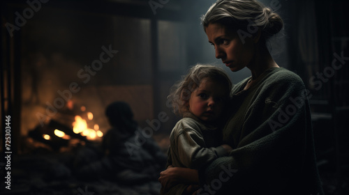 Loving mother holding her child in the bomb shelter during a missile attack. Family in an underground bomb shelter. Concept of wartime. Concept of wartime. No war. Underground life. Generative AI. 