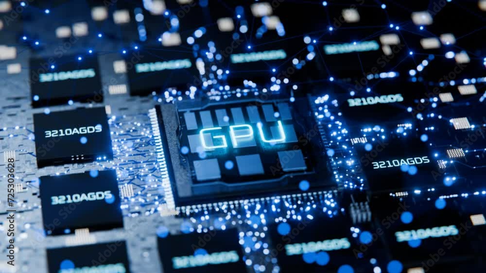 Animation of installing a graphics processor on an electronic circuit. Rotation of the GPU on an electronic circuit. Animation of installing a graphics processor on an electronic circuit. Rotation of the GPU on an electronic circuit.