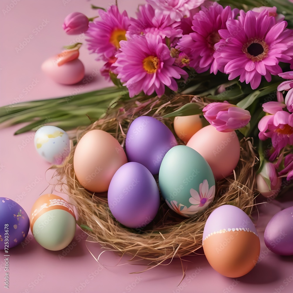 Floral springtime Easter card template with purple and pink flowers and beautiful brightly decorated Easter eggs, with copyspace Floral springtime Easter card template with purple and pink flowers and beautiful brightly decorated Easter eggs, with copyspace