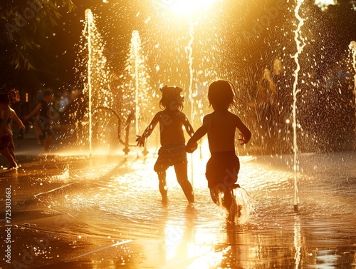 Kids playing at a splash park on a hot day.