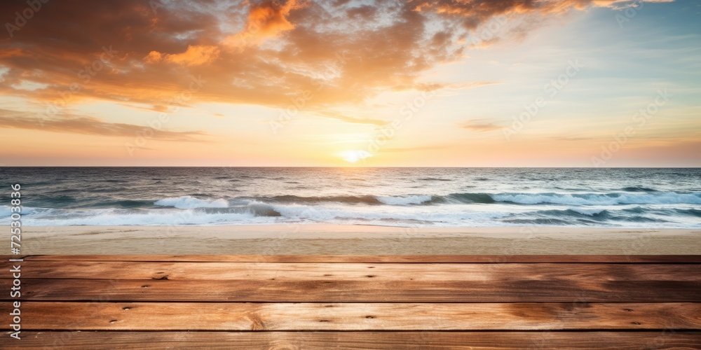 Beach sunset with empty wooden table, space for copying