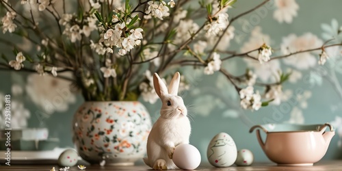 Rabbit with eggs, adding a playful twist to the Easter festivities, as it merrily carries a basket filled with colorful Easter eggs bokeh light and shadows.