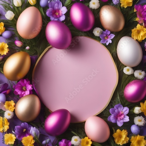Floral springtime Easter card template with purple and pink flowers and beautiful brightly decorated Easter eggs  with copyspace