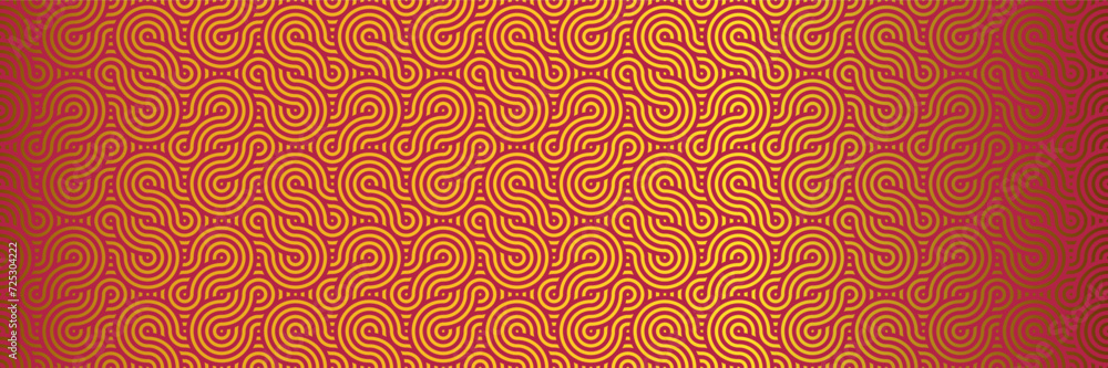 Red Waves and Knots, Rich Golden Asian Patterns, Festive Seamless Background in Traditional Geometric Vector