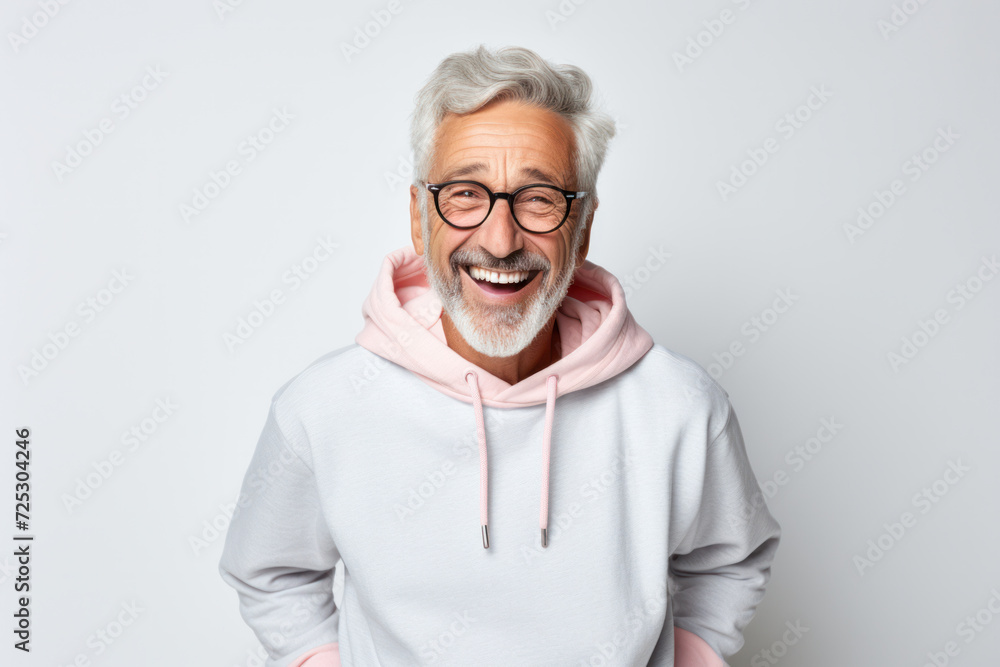 Cheerful mature man wearing glasses and hoodie on white background. Positive aging. Cheerful mature man wearing glasses and hoodie on white background. Positive aging.