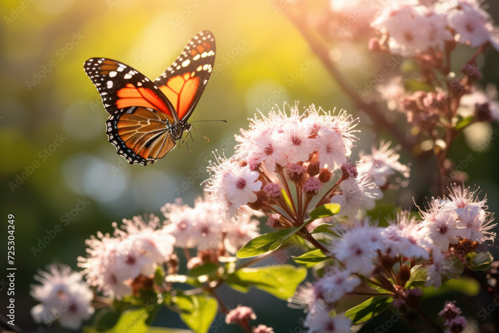 Obraz premium Monarch butterfly on blooming flowers in sunlight. Nature and wildlife.
