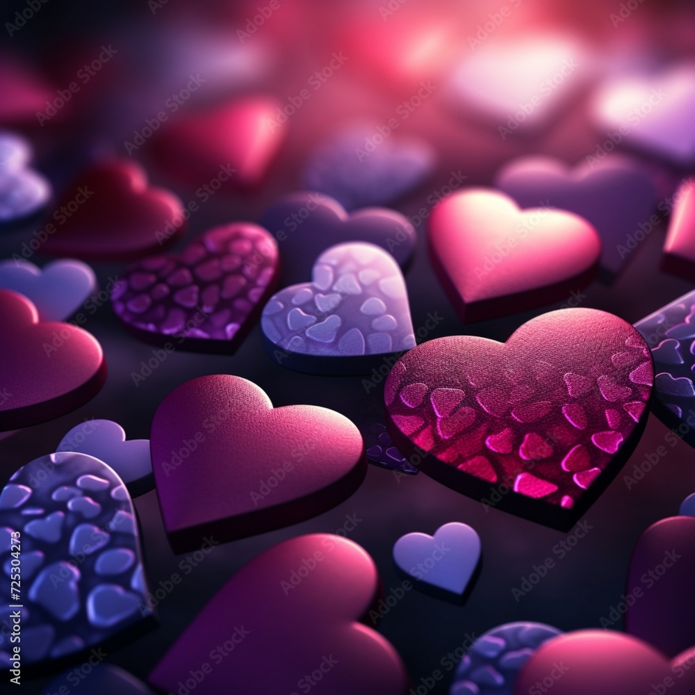 Obraz premium Romantic Valentine's day background. Pink and purple decorative hearts on black background
