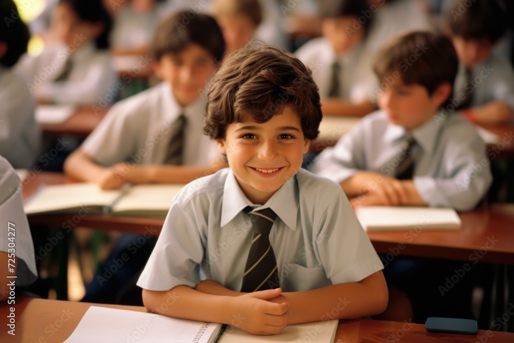 A boy in a school uniform smiling at the camera. Generative AI. A boy in a school uniform smiling at the camera. Generative AI.