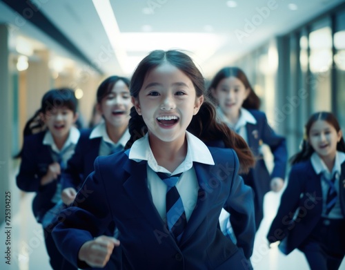 A group of young school girls running in a hallway. Generative AI.