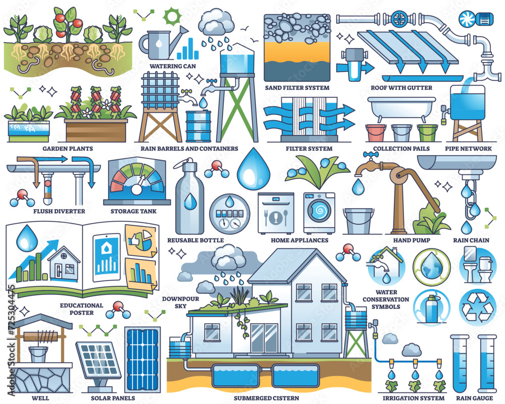 Rainwater harvesting to save drinkable water resources outline collection set. Labeled elements with rainwater accumulation vector illustration. Sustainable consumption for gardening and household.