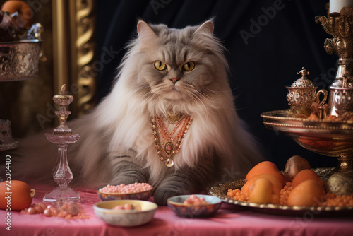 Regal cat surrounded by vintage luxury decor. Pet elegance and comfort.