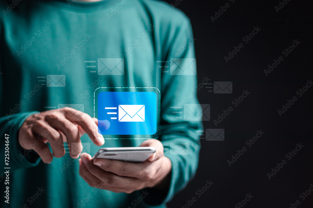 Marketing or newsletter concept, Person use smartphone with virtual Email icons for Send bulk documents via email. Direct selling projects in business List of customers who want to send by email. - obrazy, fototapety, plakaty 