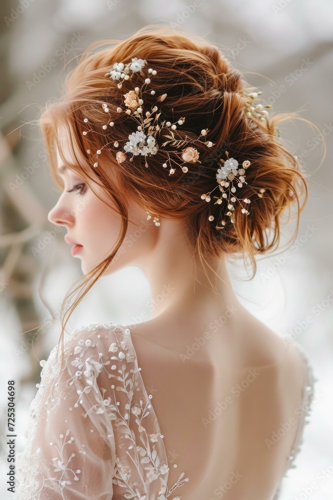 Beautiful redhead bride with wedding hair accessories in winter. Generative AI.