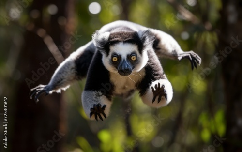 An indri lemur jumping among the trees in the tropical forests of Madagascar. Red book photo
