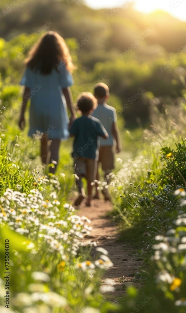 Obraz premium A woman and two children walking down a path through a field of wildflowers. Generative AI.