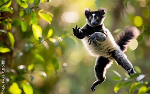 An indri lemur jumping among the trees in the tropical forests of Madagascar. Red list. Red book photo