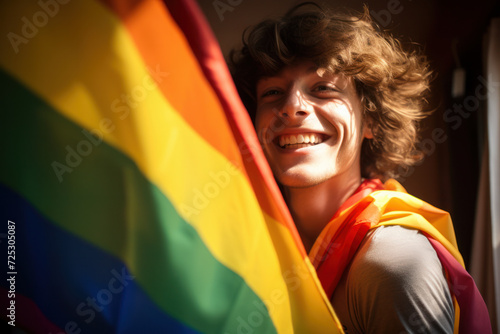Smiling young man with rainbow flag representing pride and diversity. LGBTQ community.