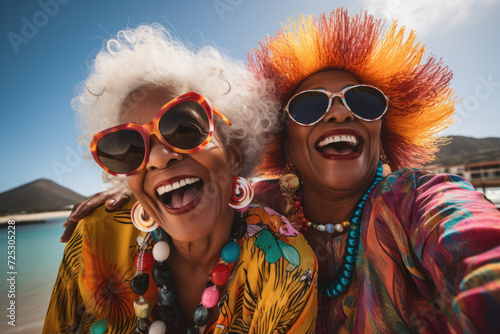 Joyful senior women taking selfie on sunny beach. Friendship and happiness.