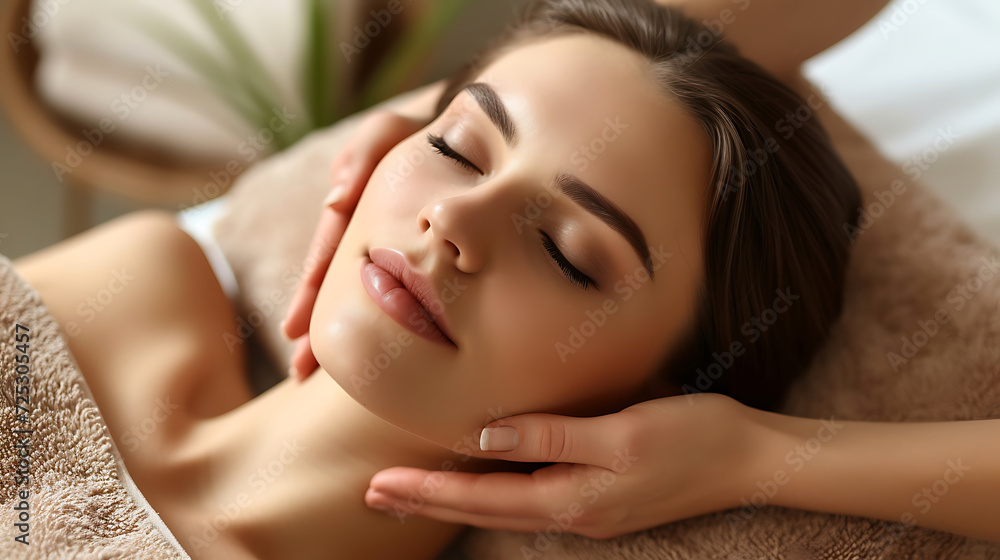 Obraz premium Beautiful young woman enjoying massage in spa salon. Relaxed lying on massage bed with closed eyes during spa treatment procedure. Beauty treatment, skin care, wellbeing. Generative AI illustration