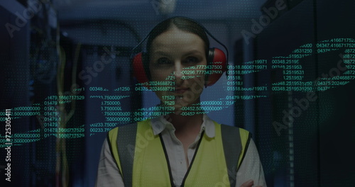 Image of chain data processing over caucasian female it engineer by computer servers photo