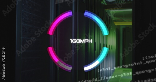 Image of speed gauge and data processing over computer servers