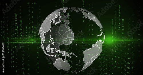 Image of data processing and globe on black background photo