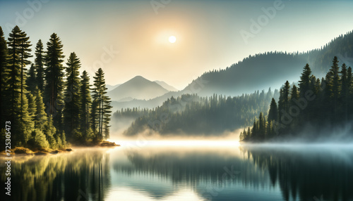 Serene Sunrise over Misty Mountain Lake