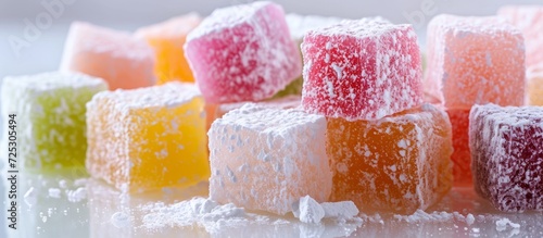 Turkish delight sweets captured on white background, looking delicious.