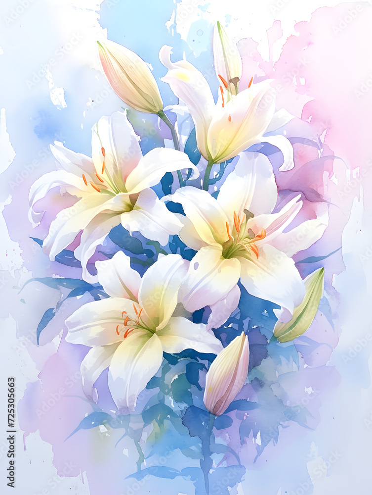 watercolor lilies,Generative AI watercolor lilies,Generative AI
