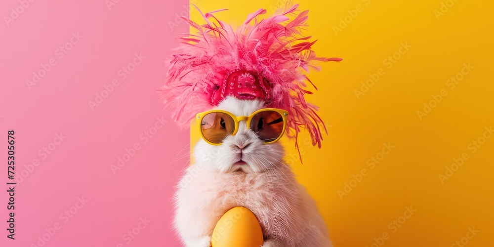 Pink Bunny rabbit wearing Chicken Hat and sunglasses with eggs.