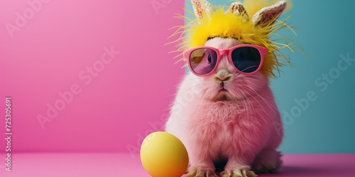 Pink Bunny rabbit wearing Chicken Hat and sunglasses with eggs.