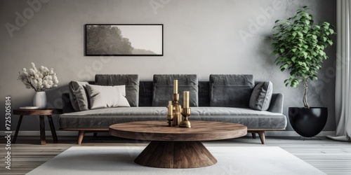 Gray sofa and round coffee table in the living room.