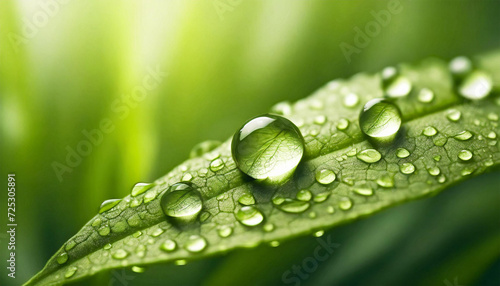 Macro Shot of Gorgeous Transparent Raindrops on a Green Leaf. Dew Drops Glistening in the Morning Sun. Exquisite Leaf Texture in Nature. Stunning Natural Background