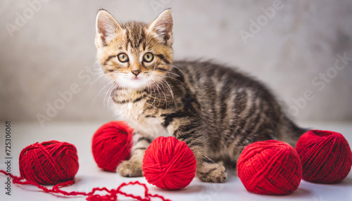 Small Tabby Kitten Playing with Red Knitting Yarn Balls. Living with Cats, Domestic Pets, Hobbies, and Knitting Concept