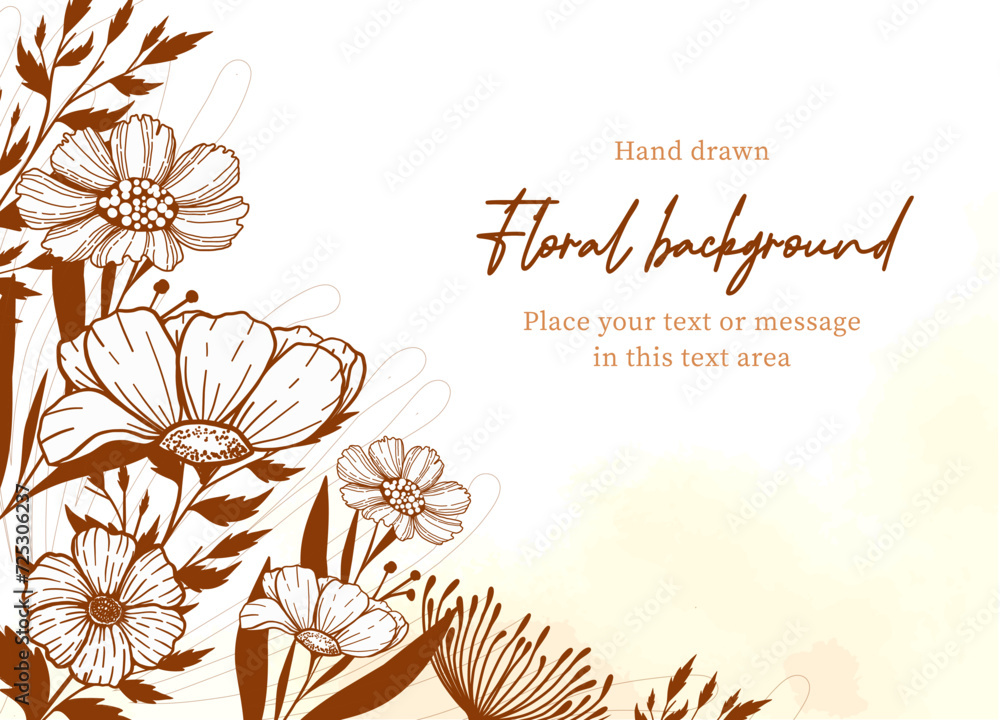 Engraved flower background with copy space, Rustic hand drawn style floral template