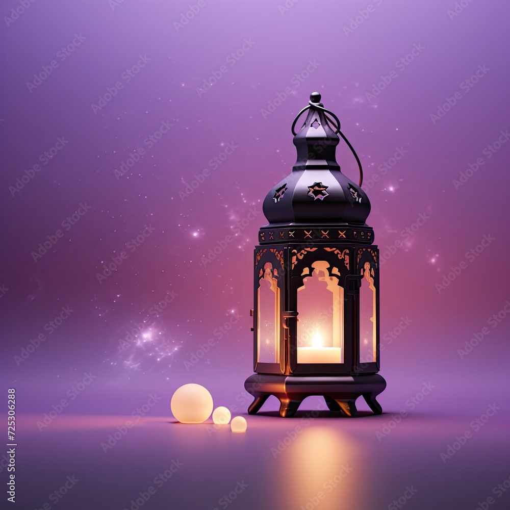 on a purple pastel background a ramadan lantern on the white smoke with a space for text, with a blank space - generative ai