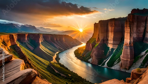 Majestic River Flowing Alongside Towering Cliffs with Earthy Texture, Scenic Background. Wide Landscape with the Sun Setting on the Horizon © Tatiana