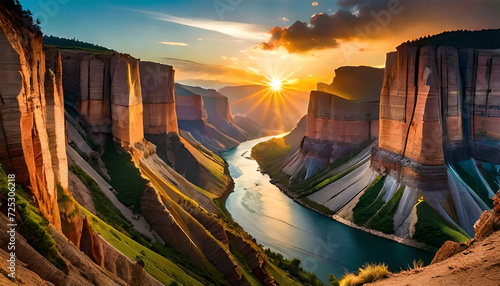 Fotografiet Majestic River Flowing Alongside Towering Cliffs with Earthy Texture, Scenic Background