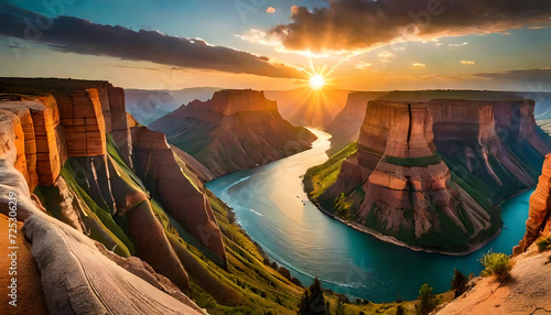 Fotografia Majestic River Flowing Alongside Towering Cliffs with Earthy Texture, Scenic Background
