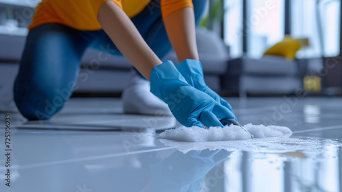 Professional cleaner washing white floor
