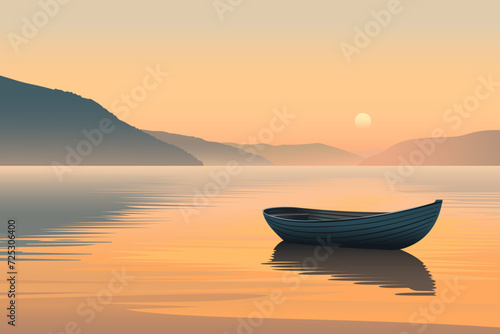 Wooden fishing boat on a lake in the early morning fog against the backdrop of a beautiful sunrise and silhouettes of the mountains. Amazing landscape of a lake at dawn with a boat on the water.