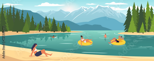 People relax on a mountain lake with a sandy beach against the backdrop of a picturesque landscape of mountains and forests. Friends are swimming in the lake on vacation. Family holiday.